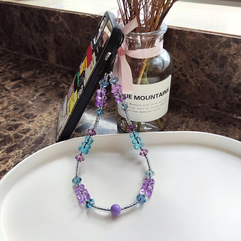 WCCH Beaded Phone Charm Y2K Kawaii Handmade Acrylic Phone Lanyard Wrist Strap for Camera Bag Airpods Keychain Charm Blue and Purple Small Bear - Image 4